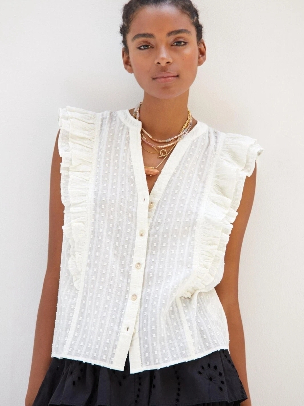 Anthropologie Pilcro White Ruffle Sleeveless Button-Front Top